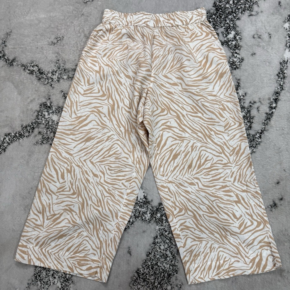 Nicole Miller New York Womens L 100% Linen Culotte Pants Tan White Zebra Print